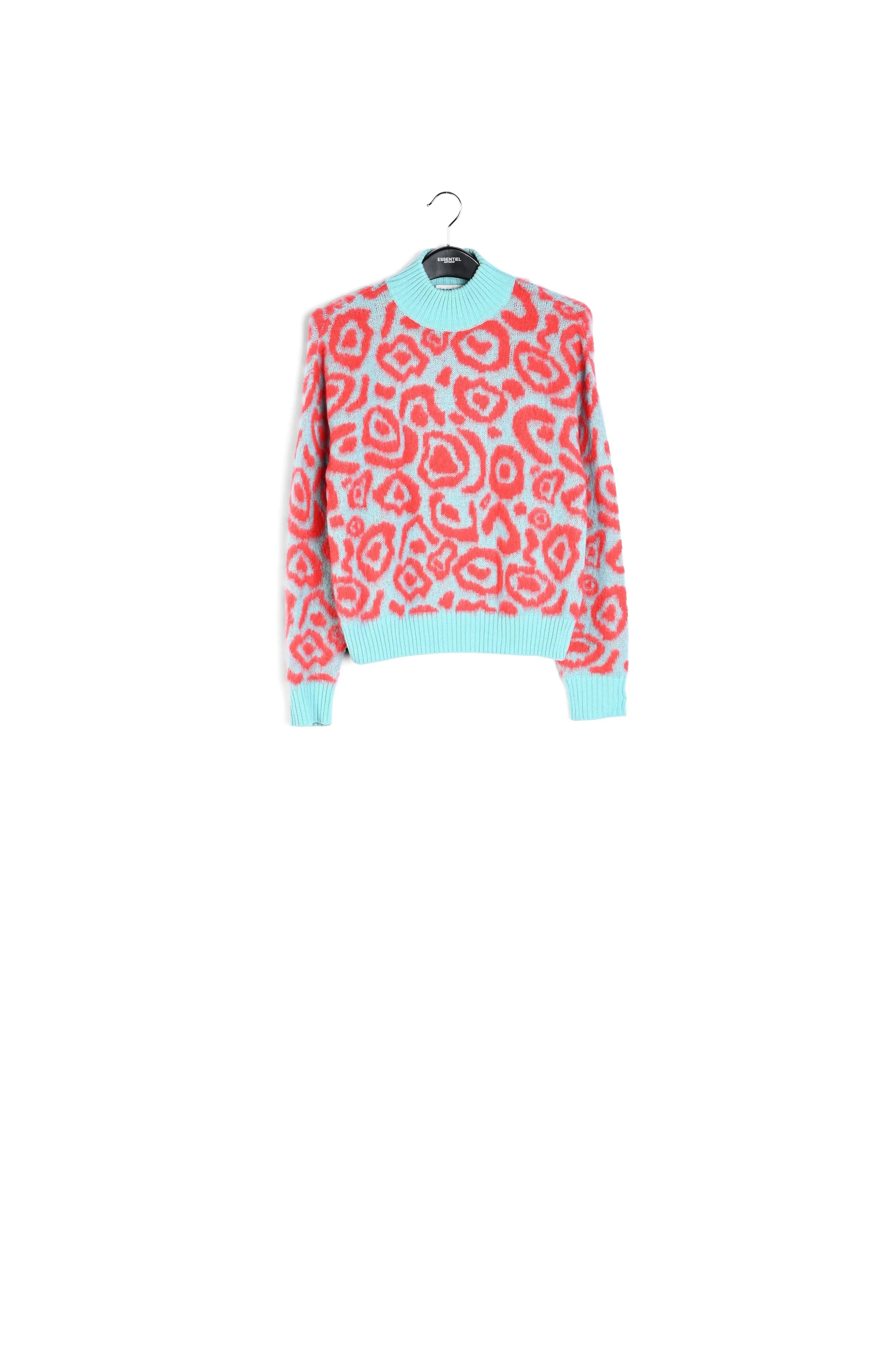 Blue and red leopard-print knit sweater