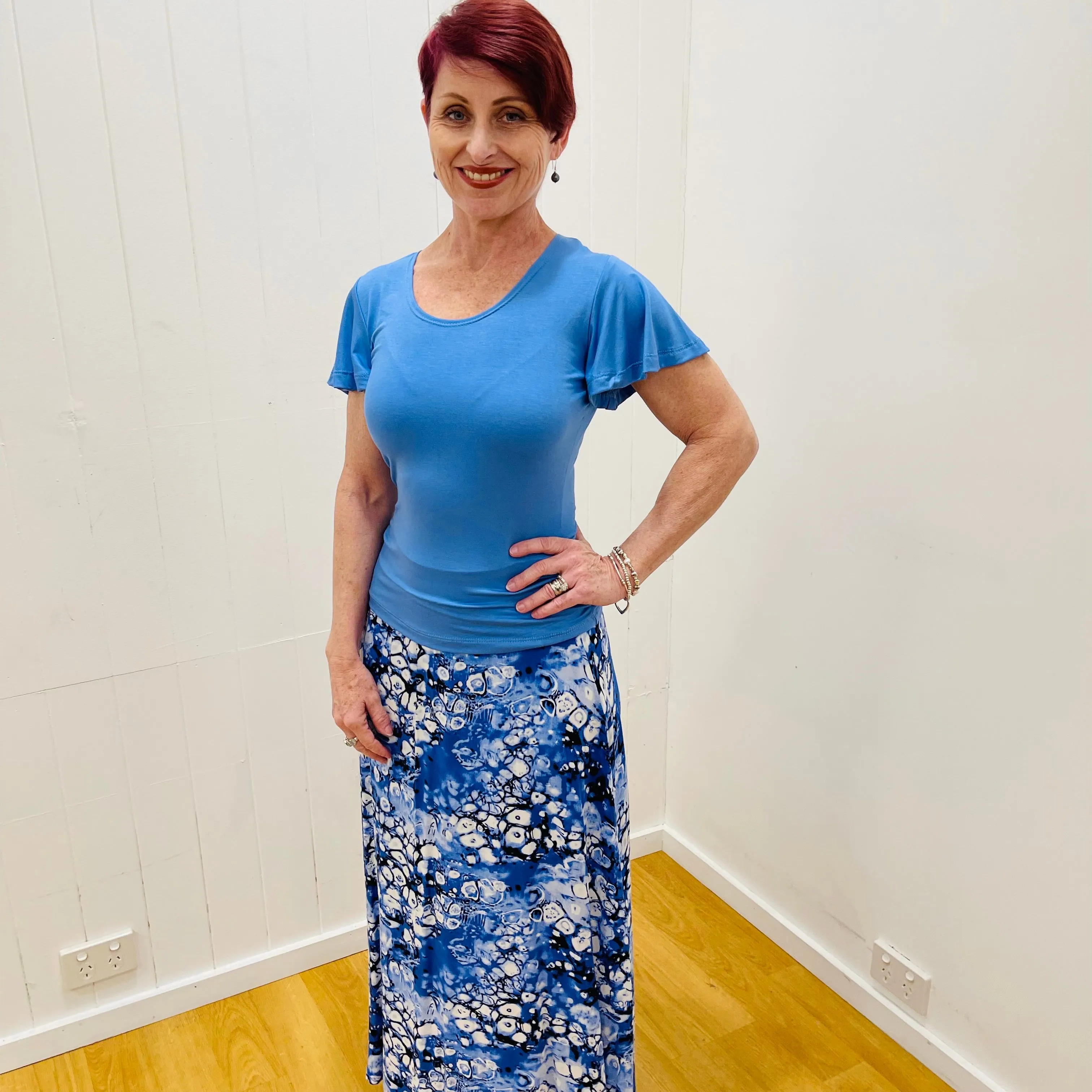Blue Bubble Print Long Classic Aline Skirt