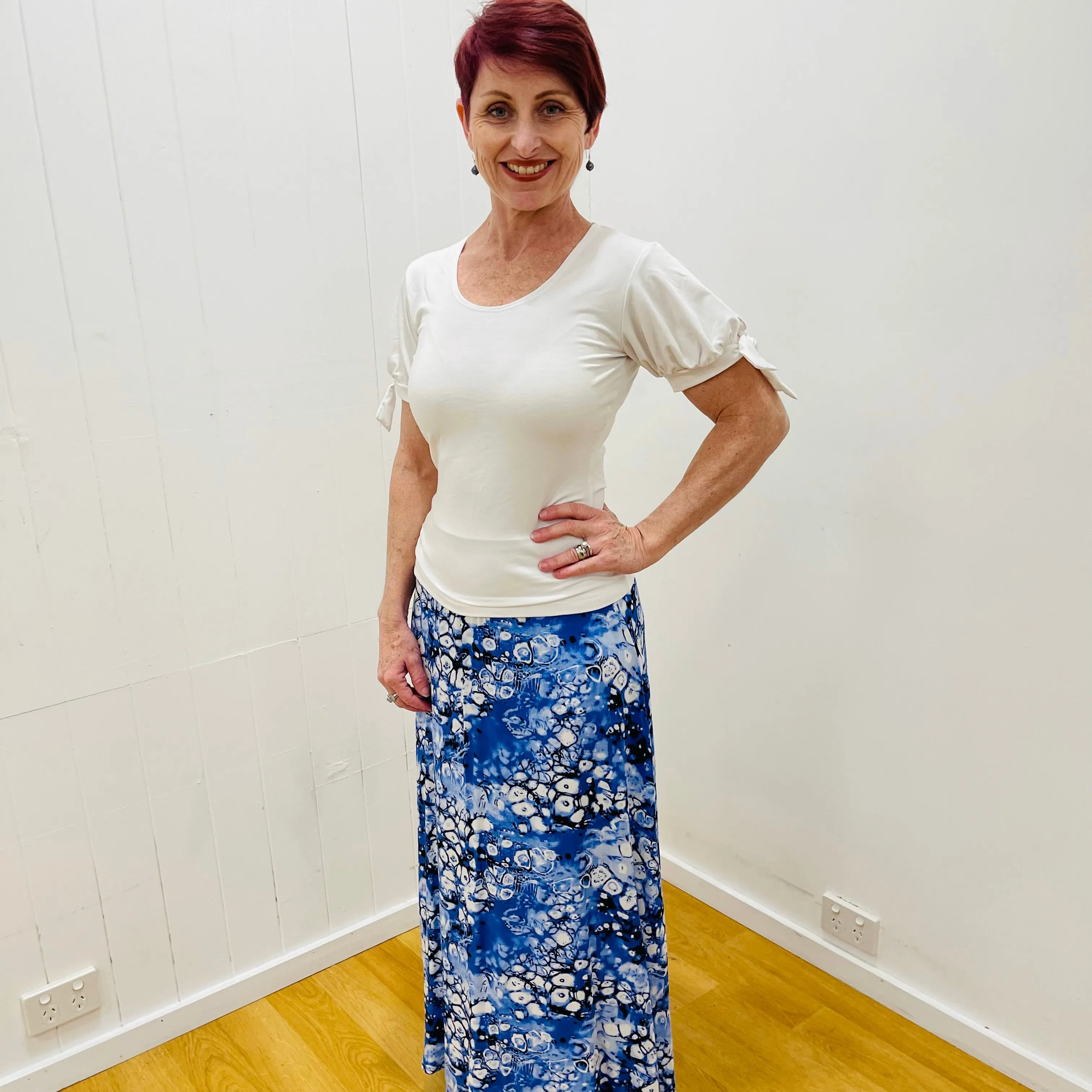 Blue Bubble Print Long Classic Aline Skirt