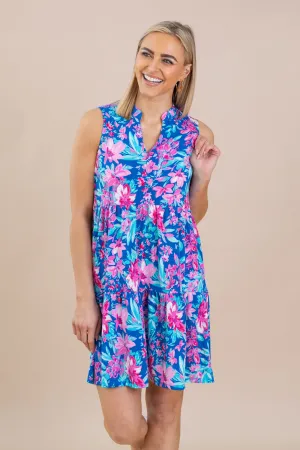 Blue Floral Tiered Wrinkle Free Dress