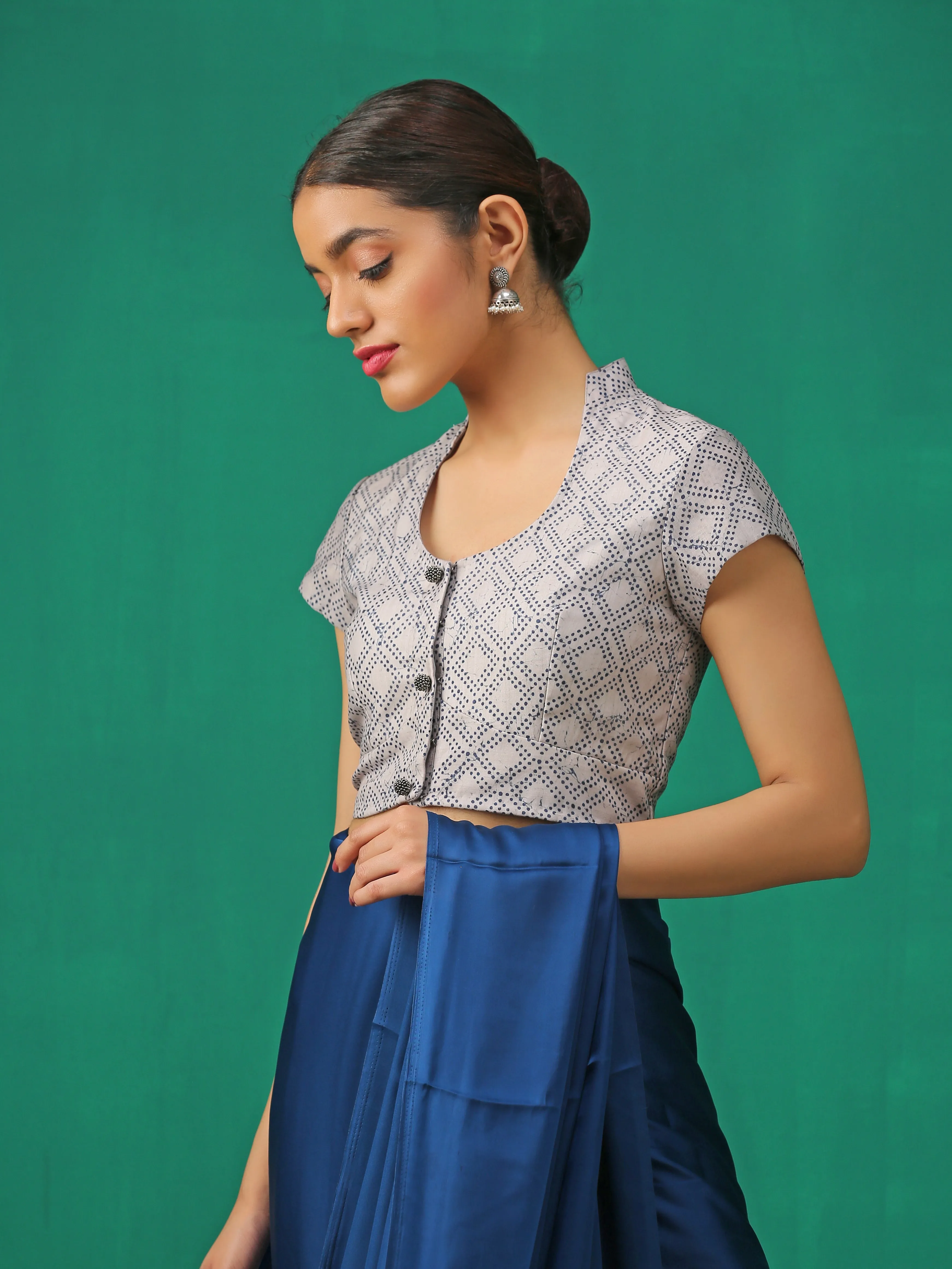 Blue Marble Print Cap Sleeve Blouse