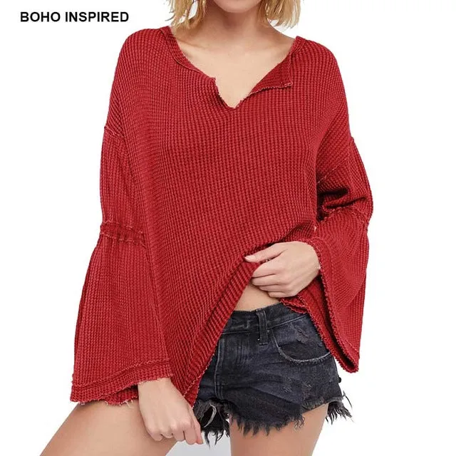 BOHO INSPIRED Knitted Women's Winter Sweaters 2017 New bell Sleeve V-neck sexy Pullovers bohemian knitting thermal tops female