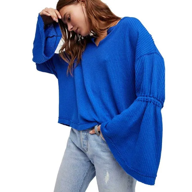 BOHO INSPIRED Knitted Women's Winter Sweaters 2017 New bell Sleeve V-neck sexy Pullovers bohemian knitting thermal tops female