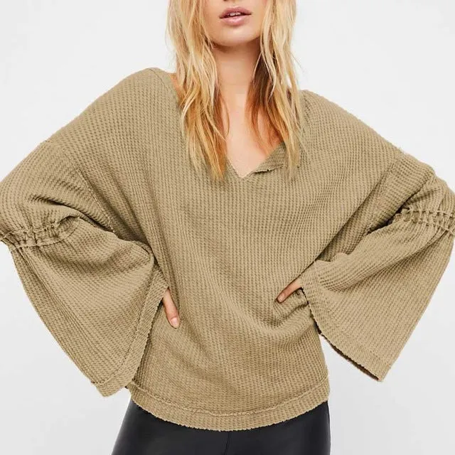BOHO INSPIRED Knitted Women's Winter Sweaters 2017 New bell Sleeve V-neck sexy Pullovers bohemian knitting thermal tops female
