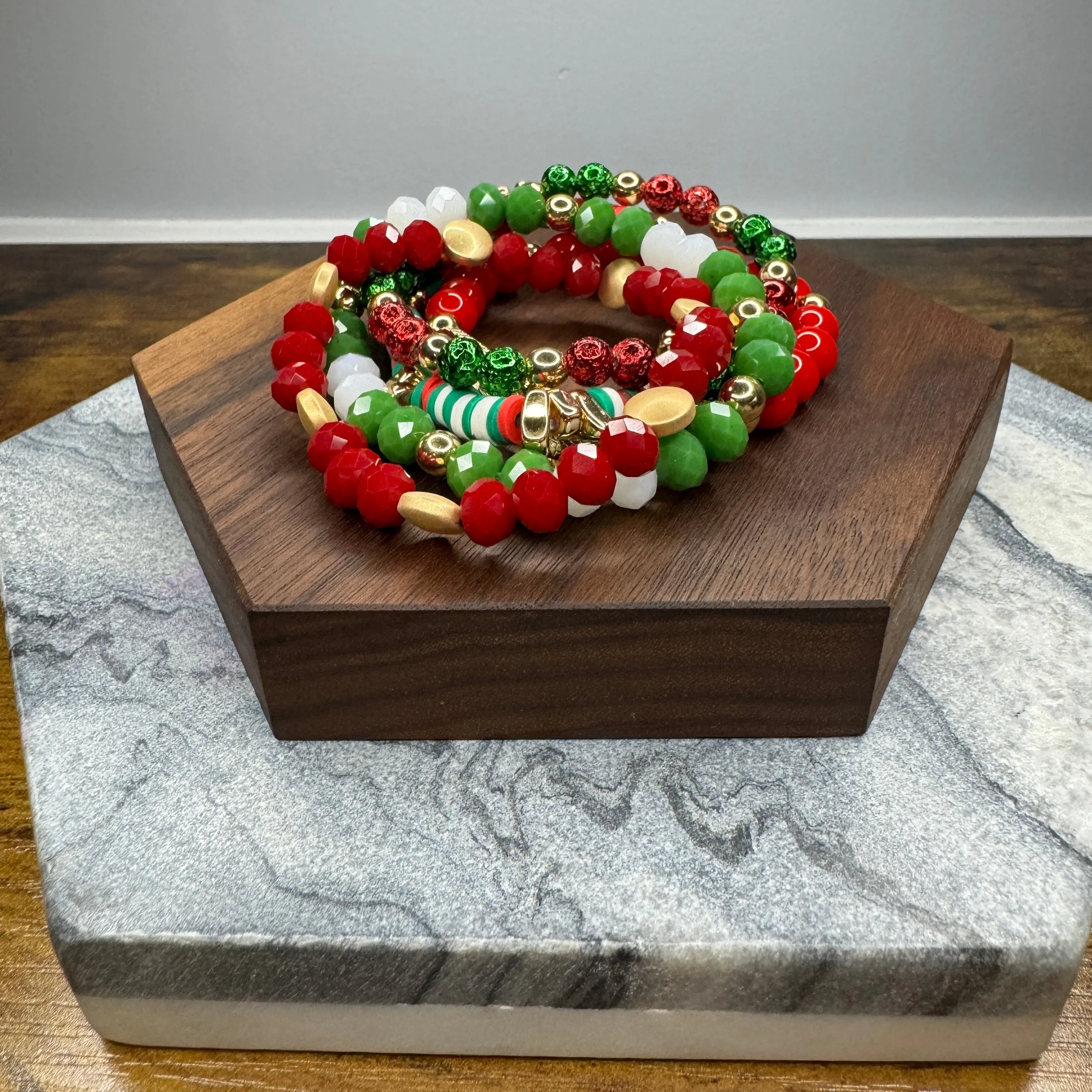 Bracelet Pack - Red and Green Clay, Bead, Gold Chain