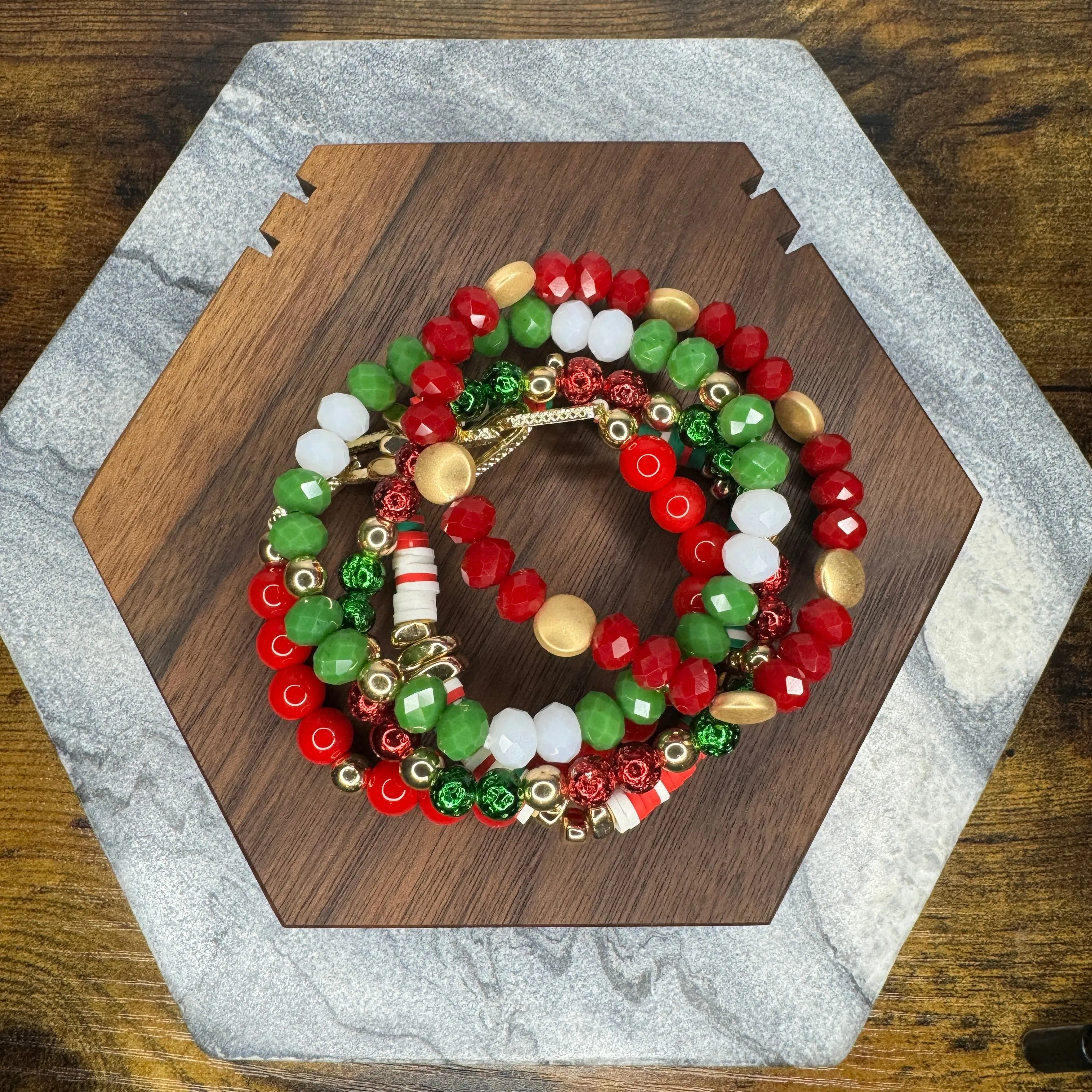 Bracelet Pack - Red and Green Clay, Bead, Gold Chain