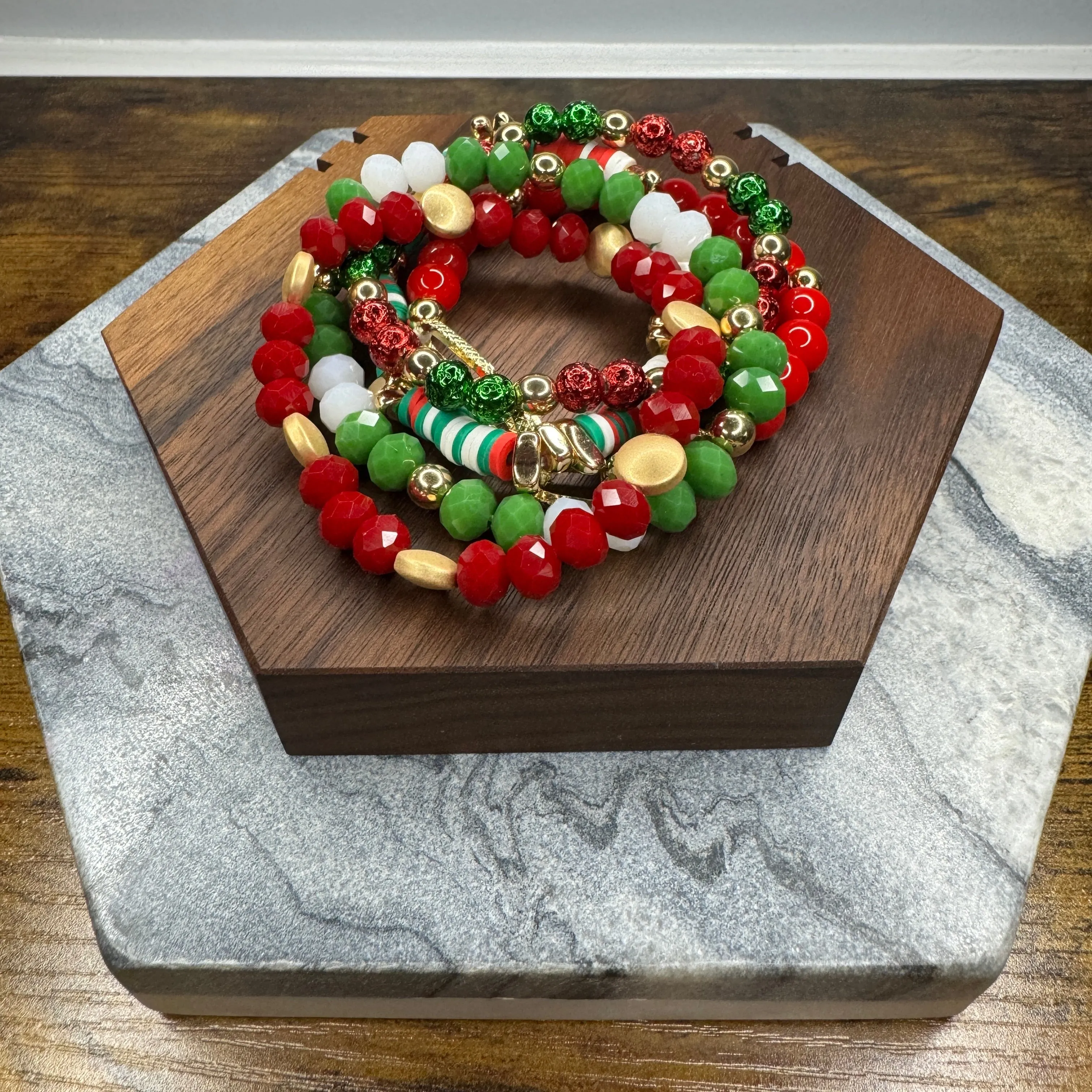 Bracelet Pack - Red and Green Clay, Bead, Gold Chain