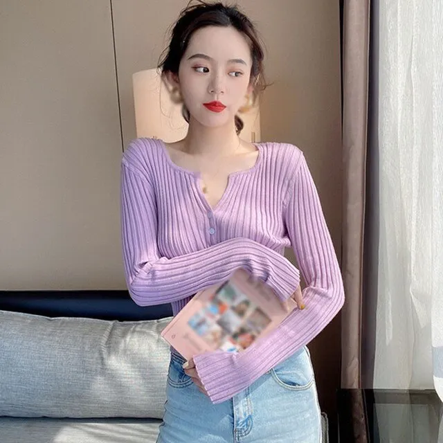 Buttoned Neck Slim Thin Sweaters For Spring Autumn