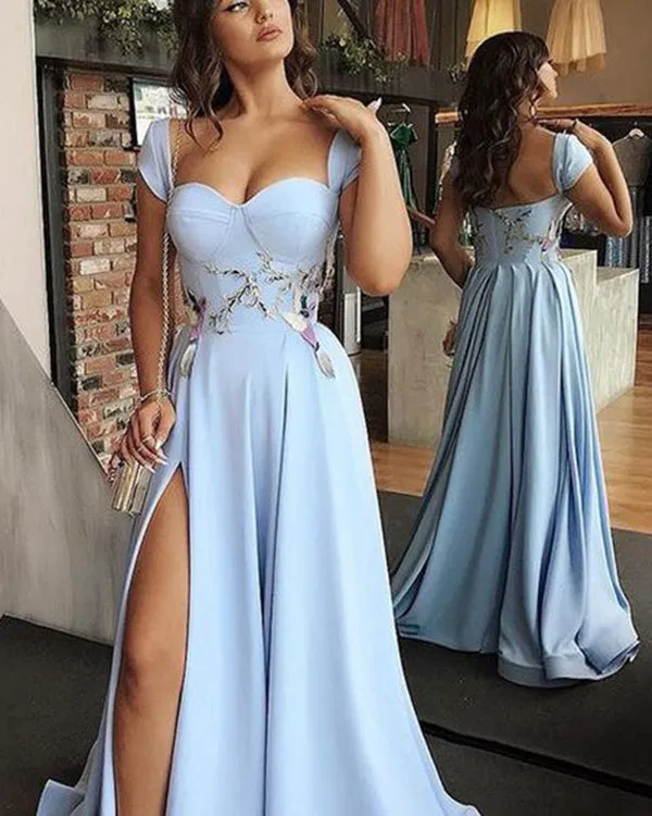 Cap Sleeve Light Blue Prom Dresses with Split Side Sexy Long Prom Gowns for Party