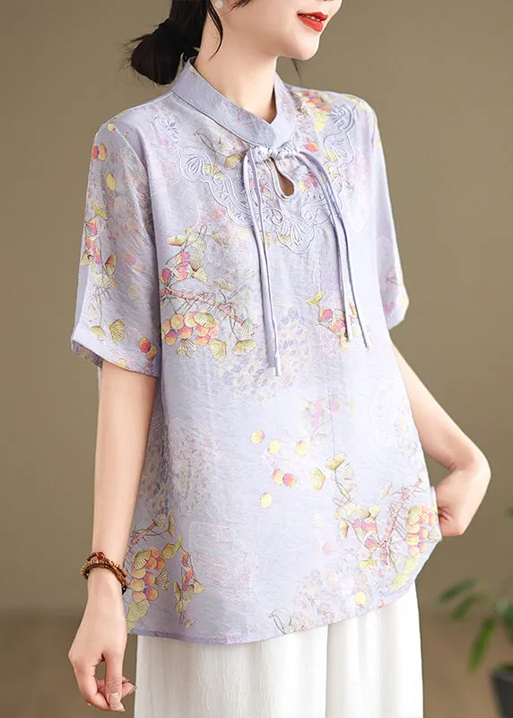 Casual Yellow Tasseled Print Linen Blouses Summer