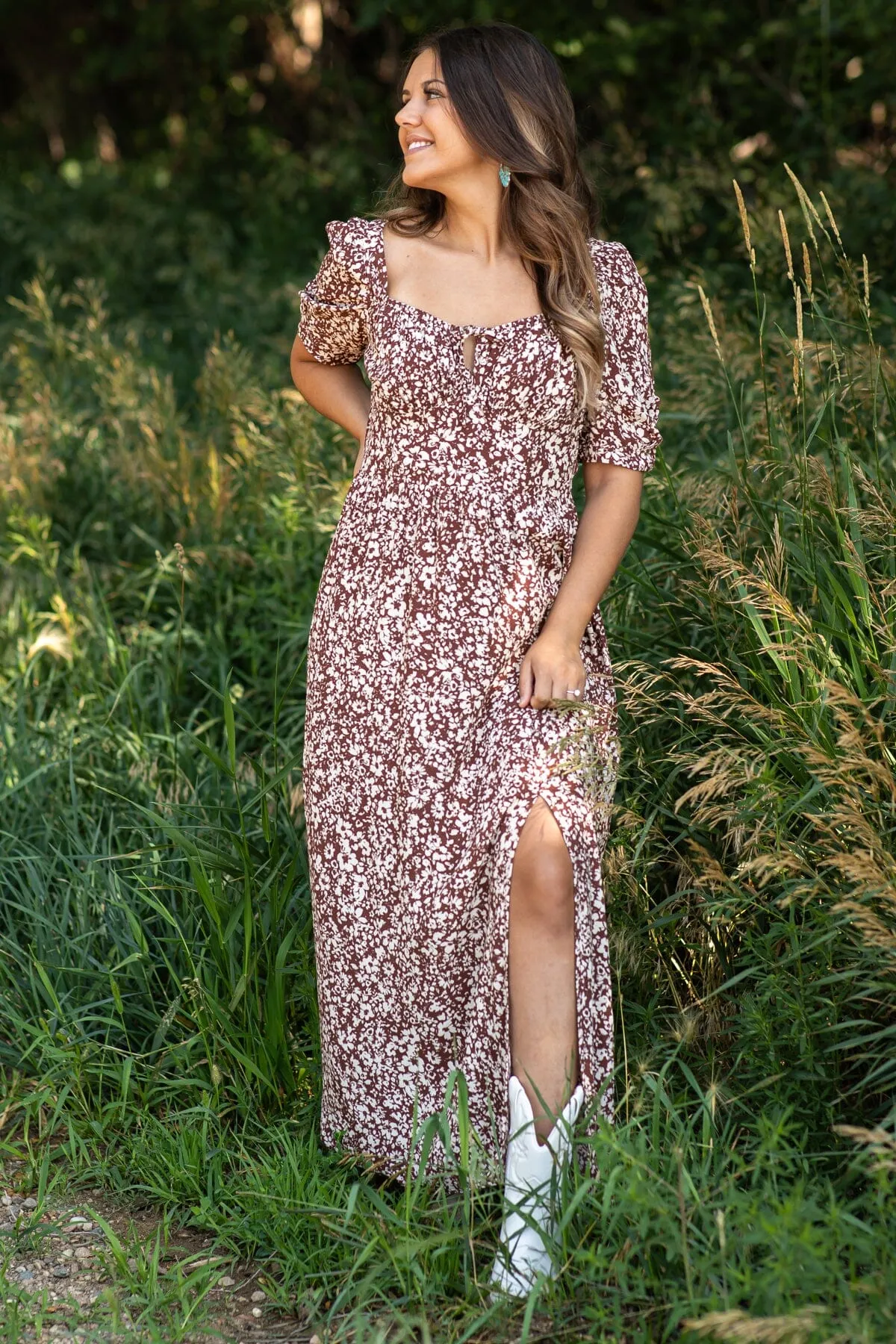 Chestnut Ditsy Floral Square Neck Midi Dress