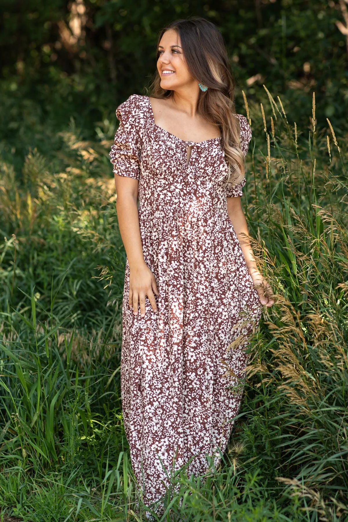 Chestnut Ditsy Floral Square Neck Midi Dress