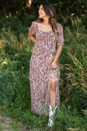 Chestnut Ditsy Floral Square Neck Midi Dress