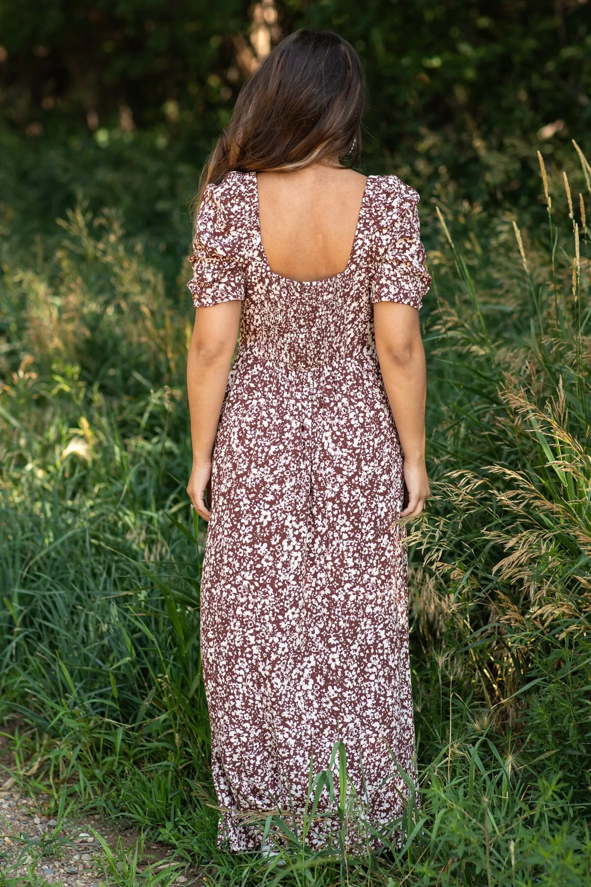 Chestnut Ditsy Floral Square Neck Midi Dress