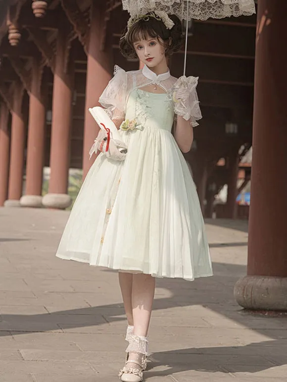 Chinese Style Lolita Dress Ruffles Sleeveless Polyester Sweet Light Green Chinese Style Lolita