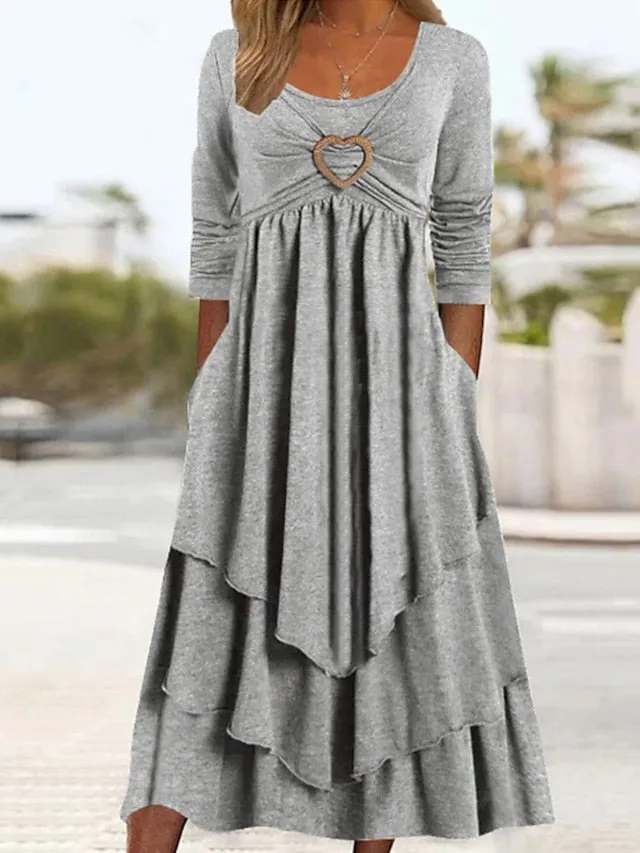 CityHottie - Women's Casual Dress Swing Dress Midi Dress Green Light Grey Dark Gray Long Sleeve Pure Color Ruched Winter Fall Spring U Neck Fashion Vacation 2024 S M L XL XXL 3XL