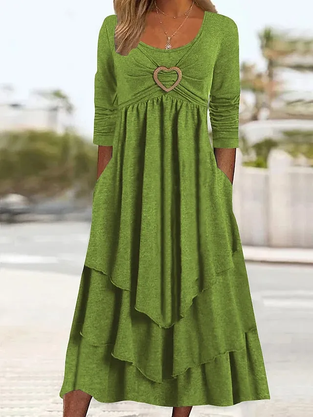 CityHottie - Women's Casual Dress Swing Dress Midi Dress Green Light Grey Dark Gray Long Sleeve Pure Color Ruched Winter Fall Spring U Neck Fashion Vacation 2024 S M L XL XXL 3XL