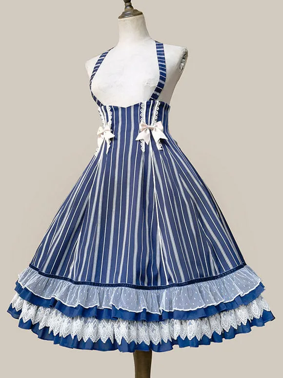 Classical Lolita Dress Cotton Bows Sleeveless Lolita Dresses Stripes Light Sky Blue