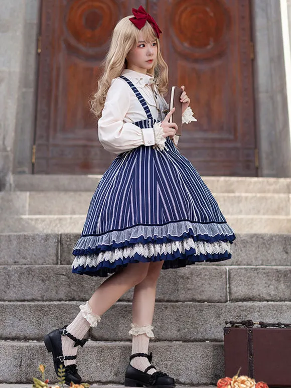 Classical Lolita Dress Cotton Bows Sleeveless Lolita Dresses Stripes Light Sky Blue