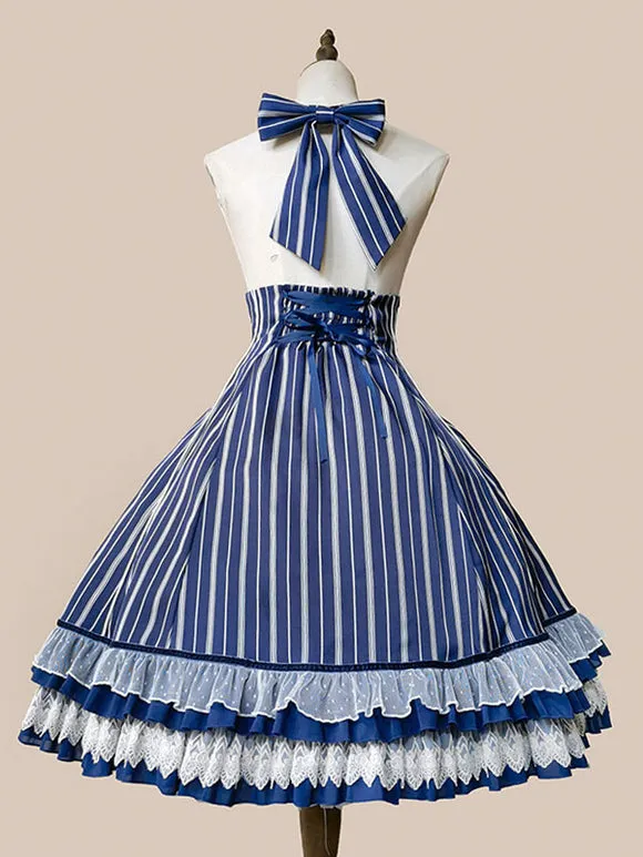 Classical Lolita Dress Cotton Bows Sleeveless Lolita Dresses Stripes Light Sky Blue