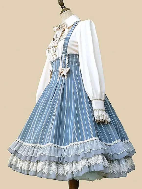Classical Lolita Dress Cotton Bows Sleeveless Lolita Dresses Stripes Light Sky Blue
