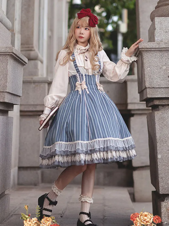 Classical Lolita Dress Cotton Bows Sleeveless Lolita Dresses Stripes Light Sky Blue