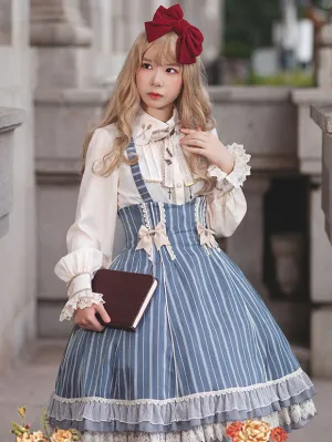 Classical Lolita Dress Cotton Bows Sleeveless Lolita Dresses Stripes Light Sky Blue