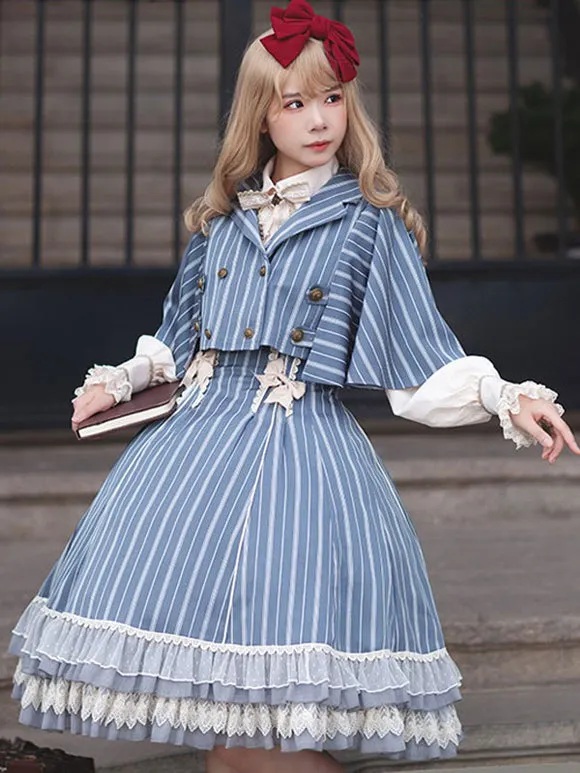 Classical Lolita Dress Cotton Bows Sleeveless Lolita Dresses Stripes Light Sky Blue