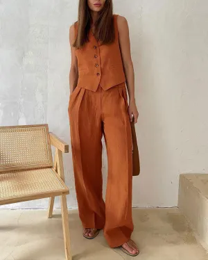 Comfortable linen sleeveless vest and low-rise pants set
