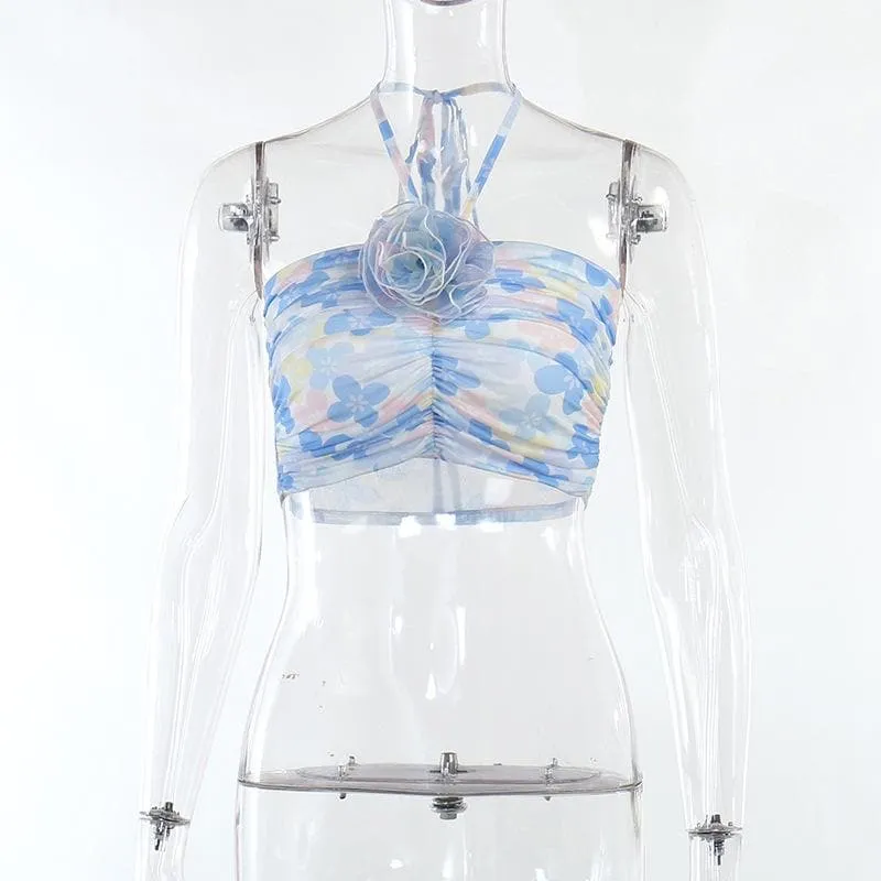 Contrast ruched halter mesh flower applique self tie crop top