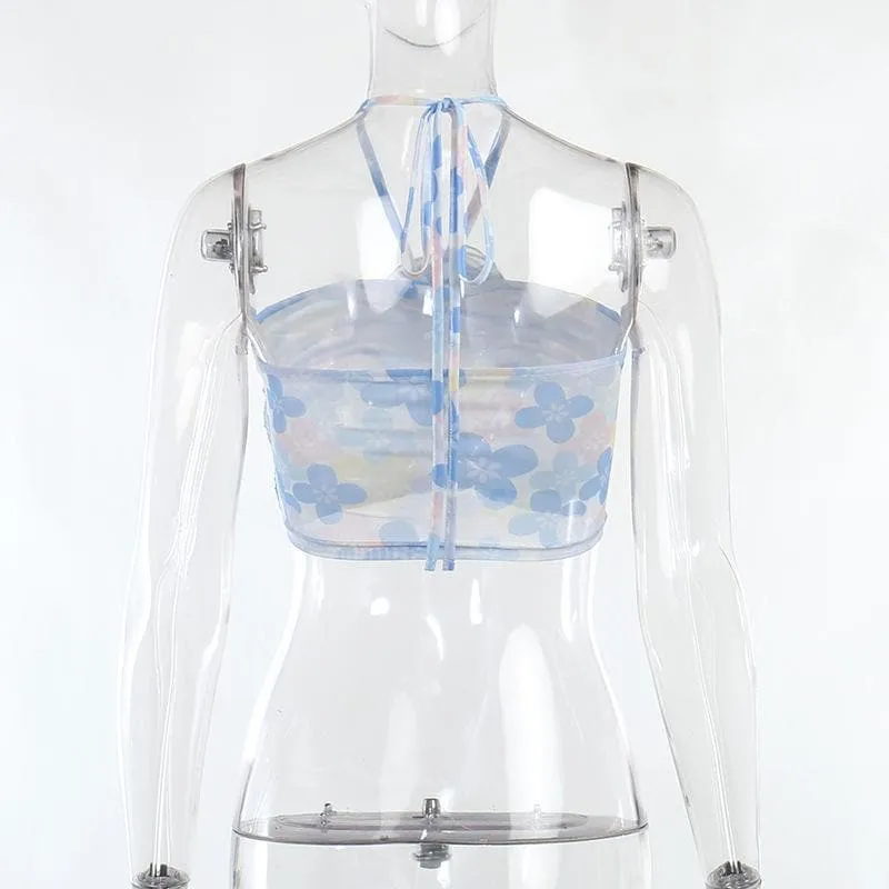 Contrast ruched halter mesh flower applique self tie crop top