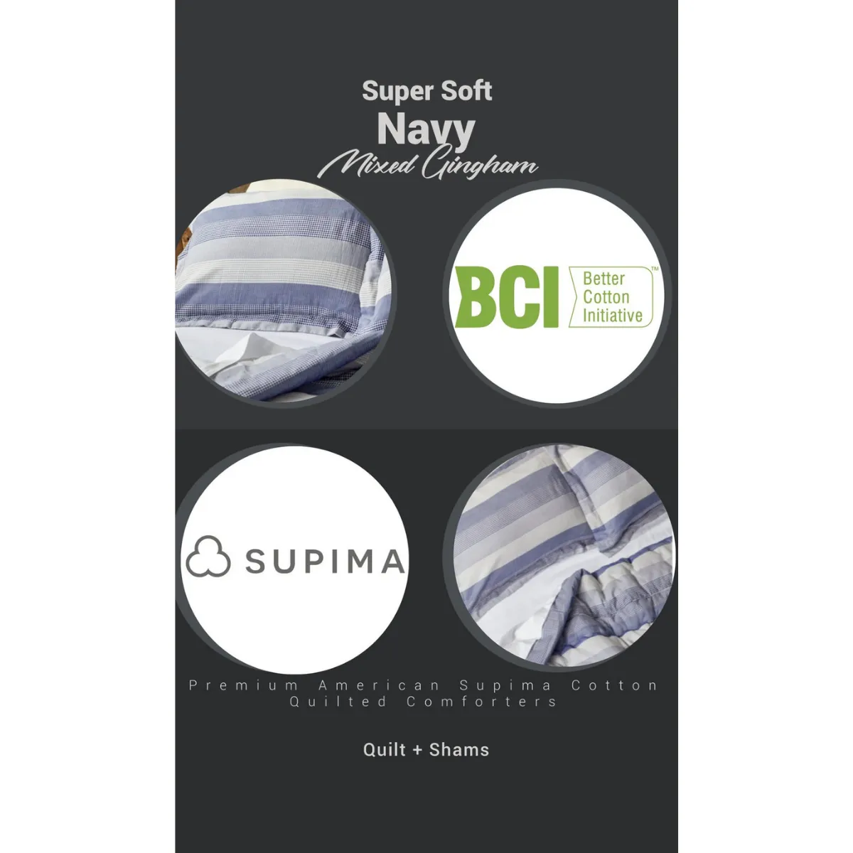 Cotton Cotton Comforter Quilt and Shams - Navy Mixed Gingham