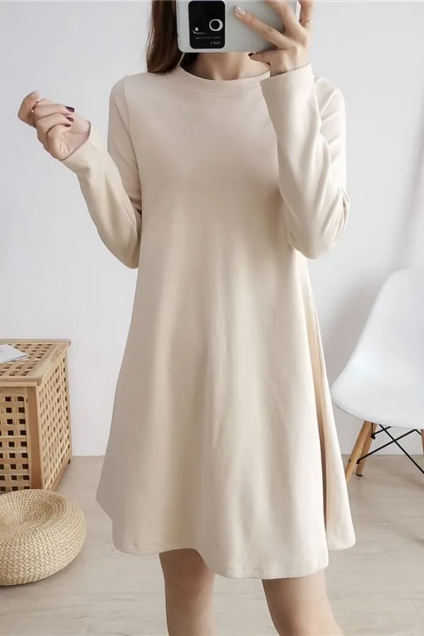 Cotton Round Collar Solid Color Midi Dress
