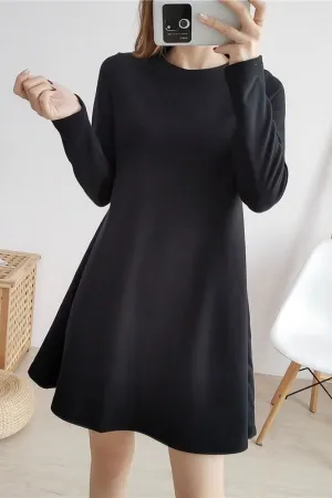 Cotton Round Collar Solid Color Midi Dress