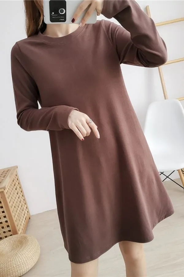 Cotton Round Collar Solid Color Midi Dress