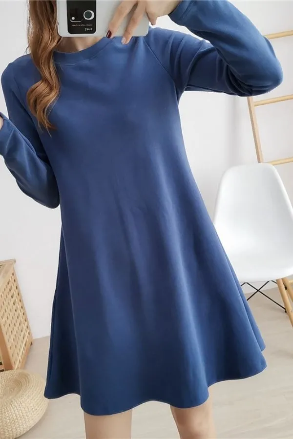 Cotton Round Collar Solid Color Midi Dress