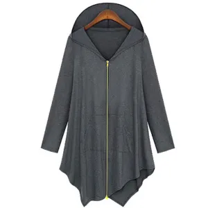 Cotton Trench Coat Women Hoodied Overcoat Female Zipper Cardigans Grey/ Black Color Plus Size 4XL