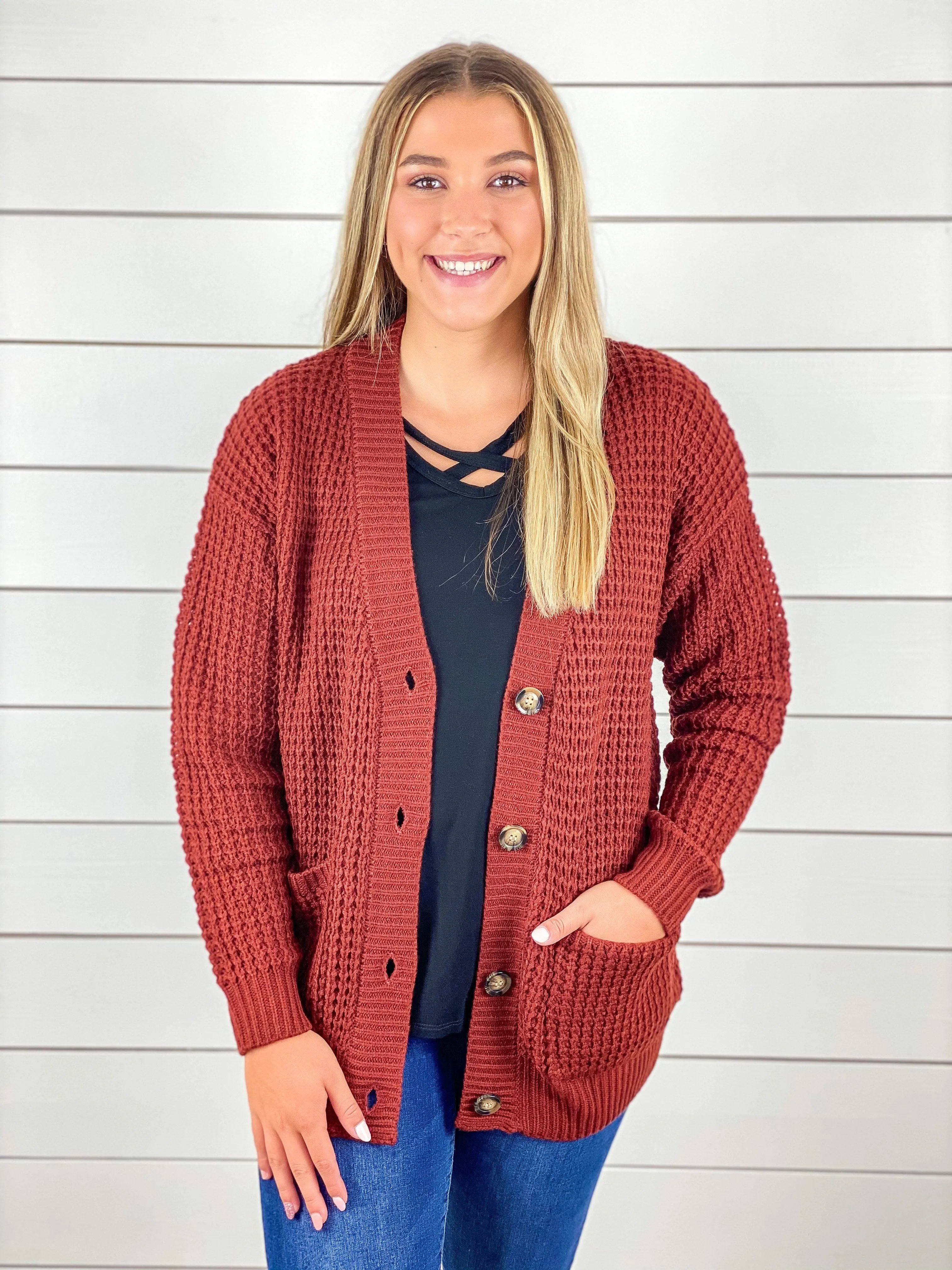 Cozy & Cute Waffle Knit Cardigan - Rust