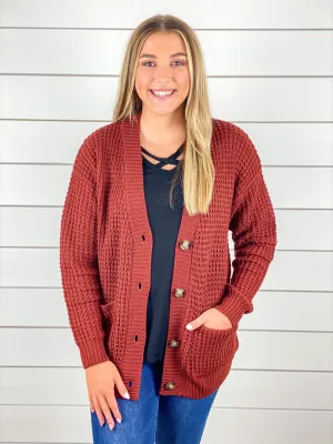 Cozy & Cute Waffle Knit Cardigan - Rust