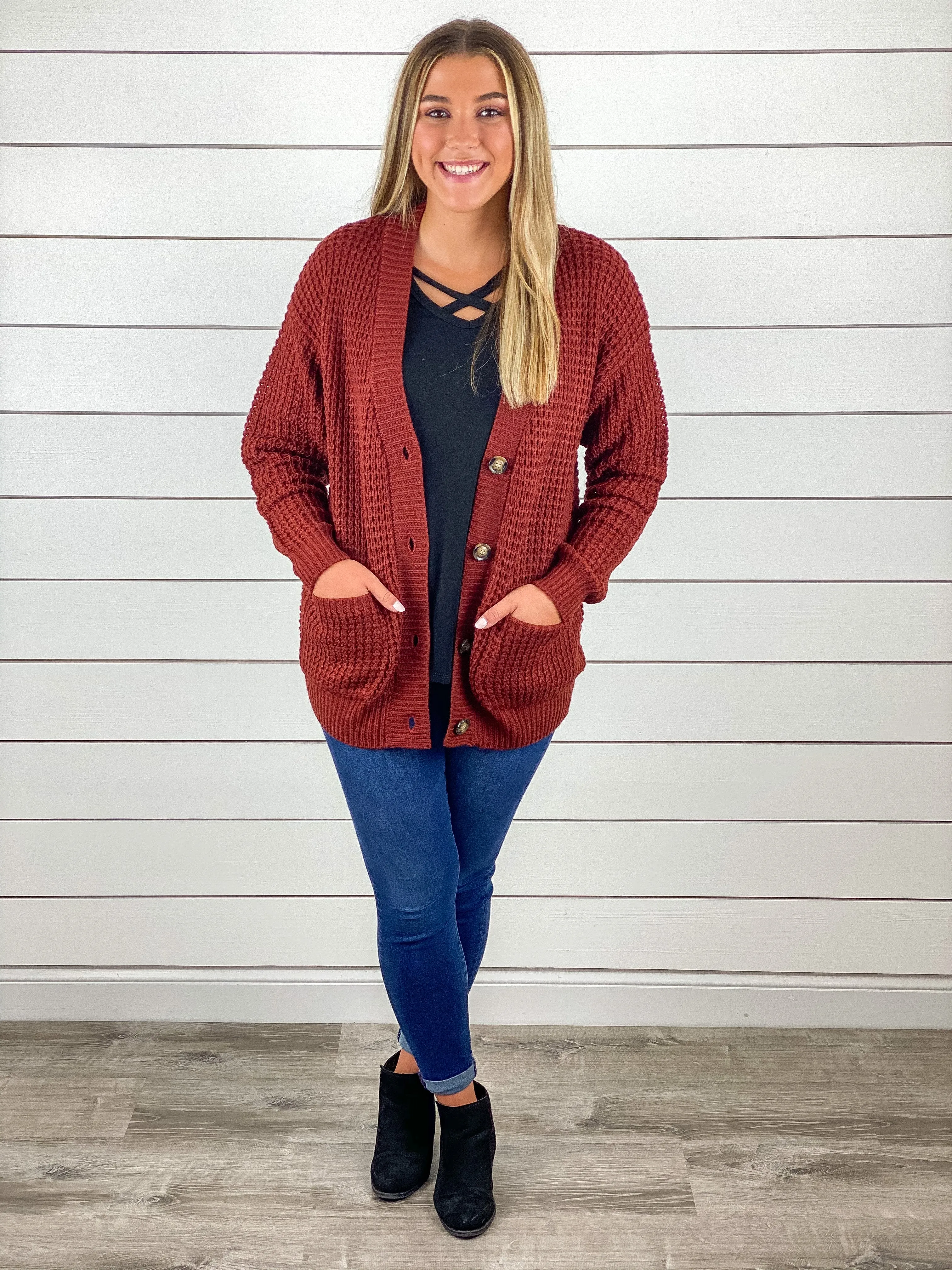 Cozy & Cute Waffle Knit Cardigan - Rust