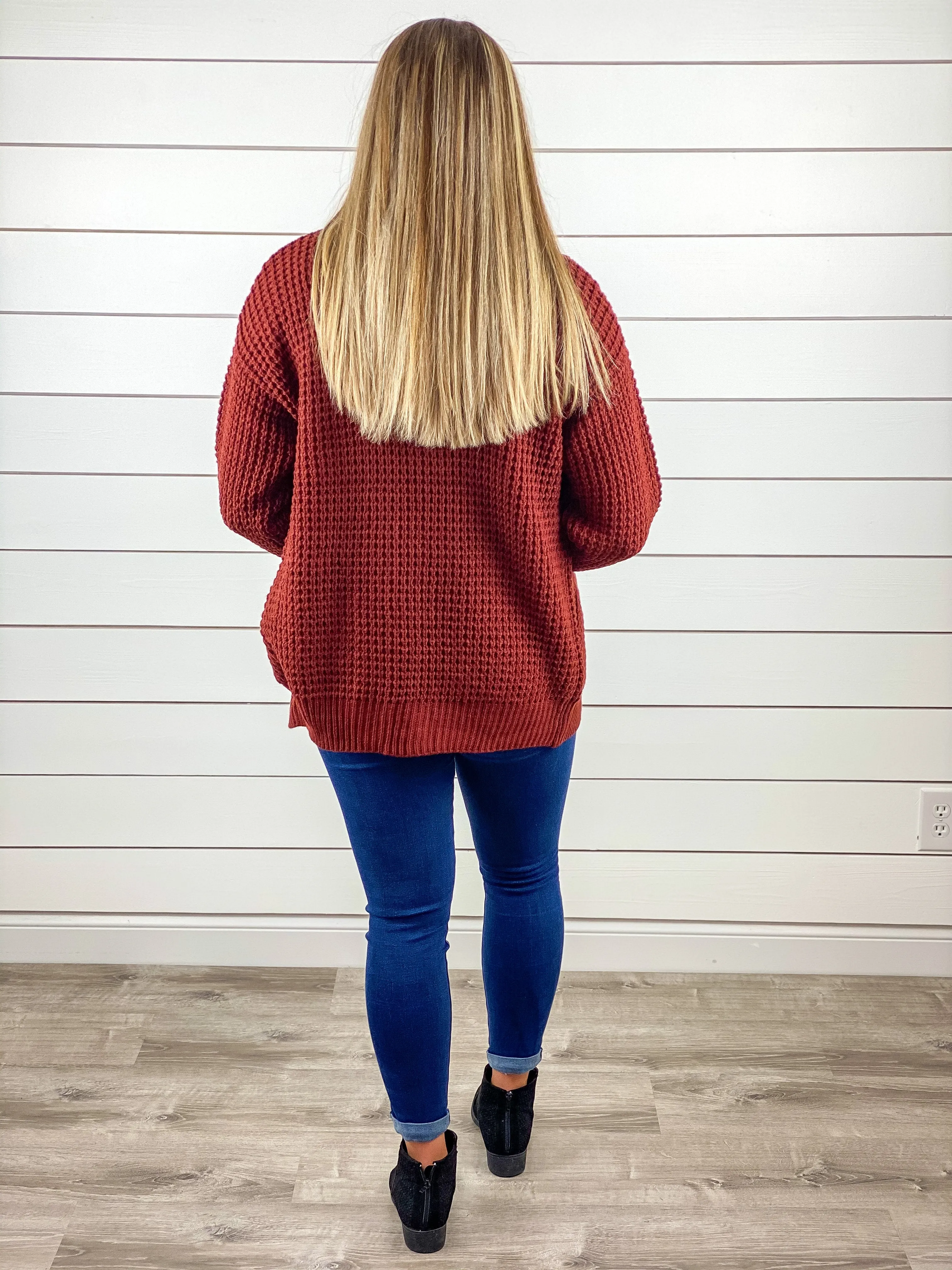 Cozy & Cute Waffle Knit Cardigan - Rust