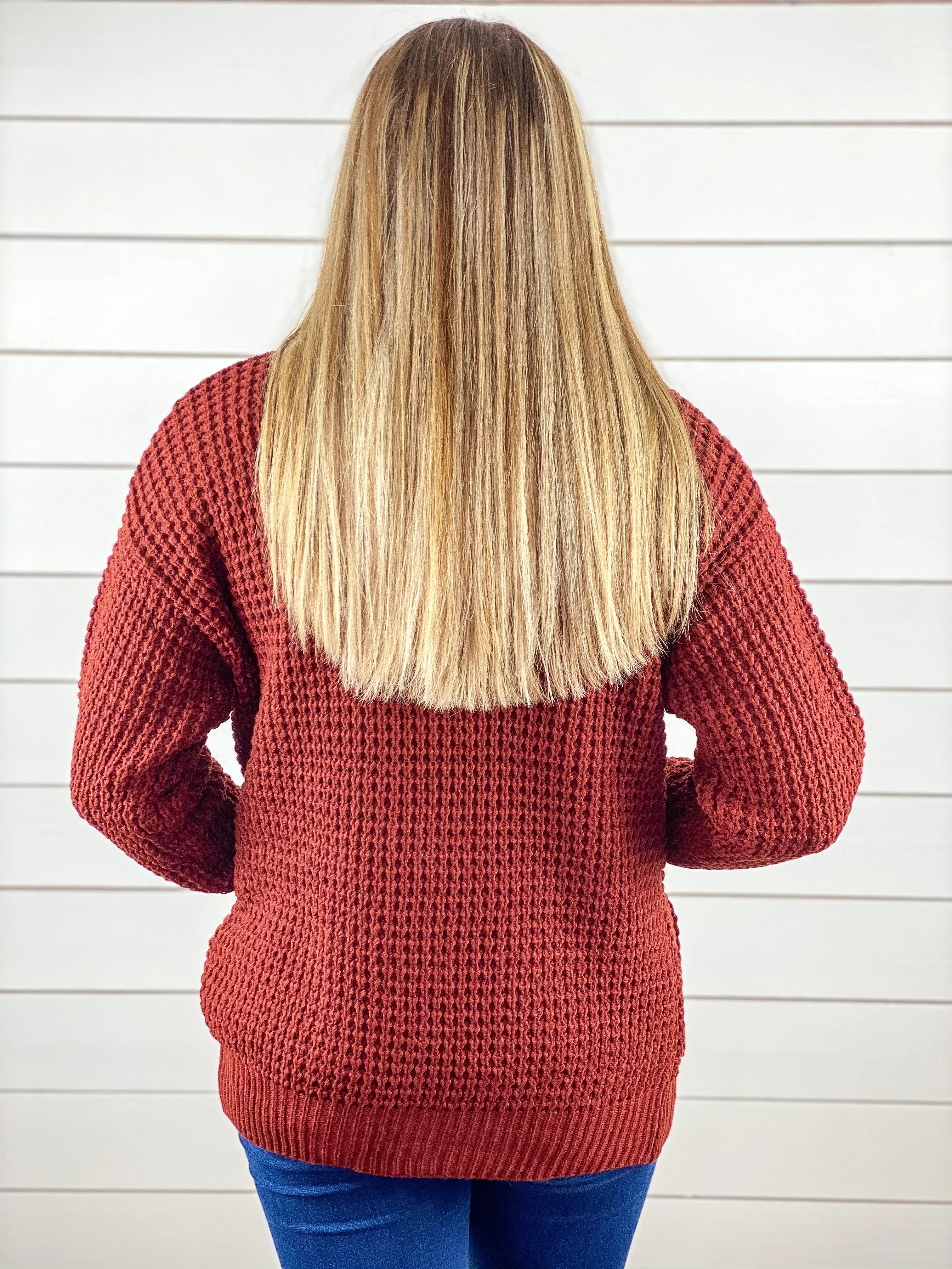 Cozy & Cute Waffle Knit Cardigan - Rust