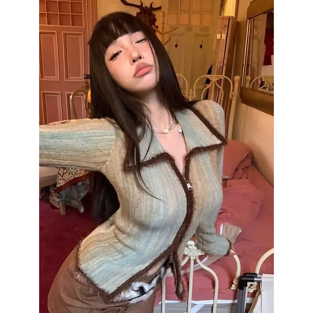 Cozy Y2K Double Zip Jacket with Fluffy Texture