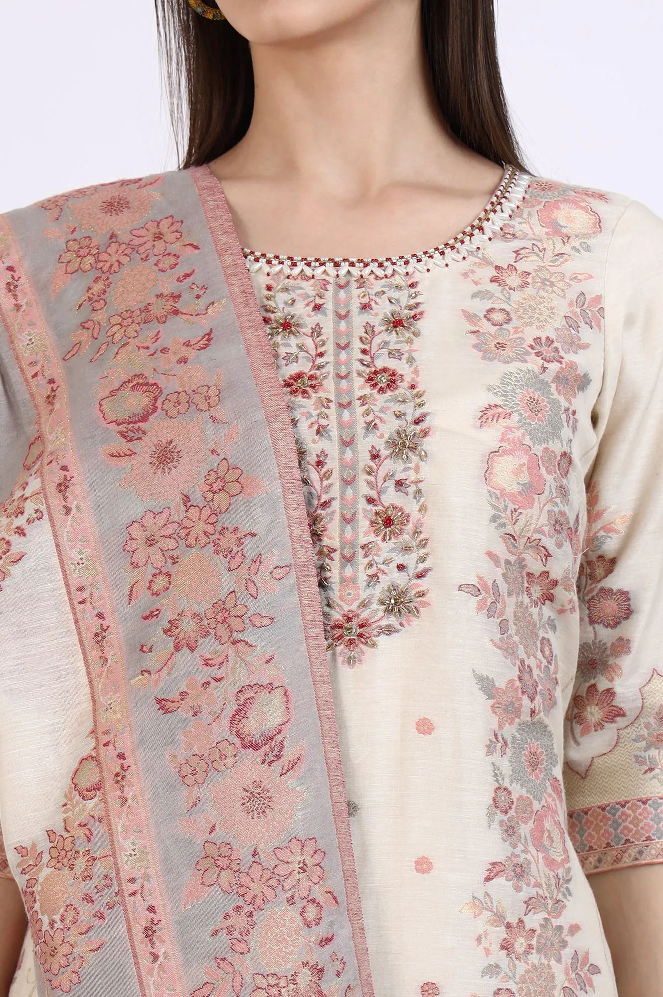Cream Embroidered Yarn Dyed Straight Kurta, Palazzo and Dupatta Set
