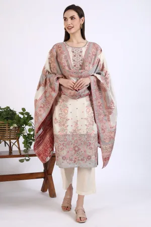 Cream Embroidered Yarn Dyed Straight Kurta, Palazzo and Dupatta Set