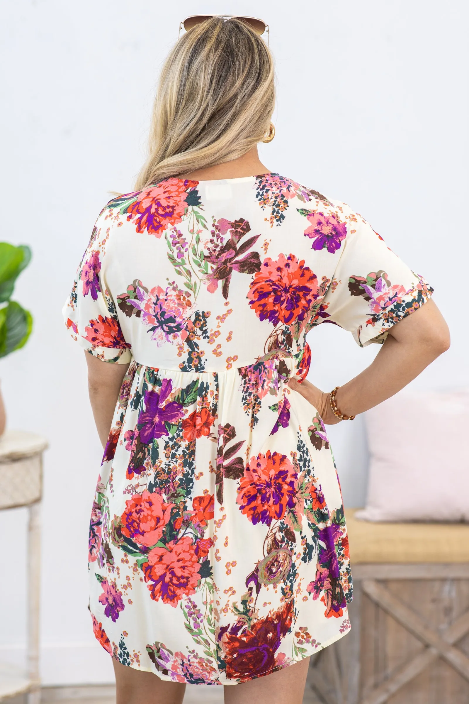 Cream With Pink Florals V-Neck Dress