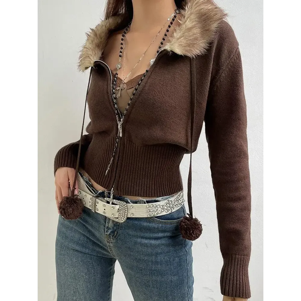 Cropped Design Zip-Up Cardigan with Faux-Fur Collar and Elasticated Sleeves