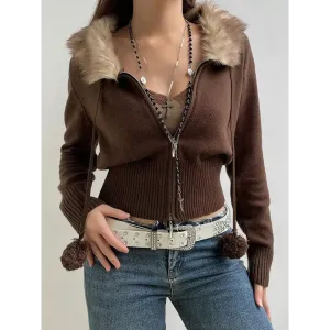 Cropped Design Zip-Up Cardigan with Faux-Fur Collar and Elasticated Sleeves