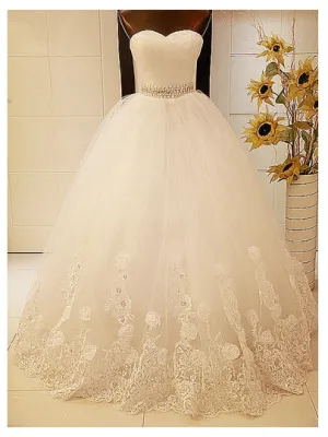 Crystal Tulle Floral Lace Ball Gown Wedding Dress