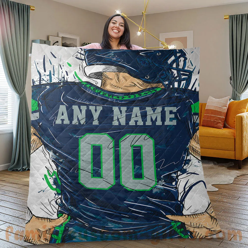 Custom Premium Quilt Blanket Seattle Seahawks Jersey American Football Personalized Quilt Gifts for Her & Him